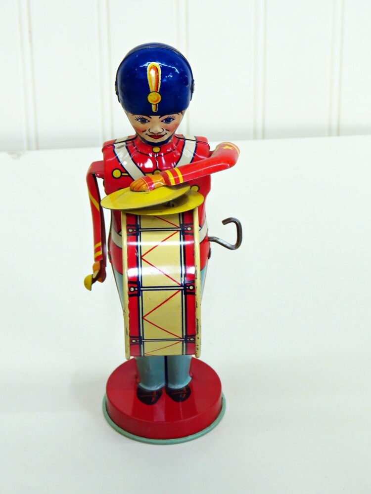 1940s J Chein Tin Soldier Drummer W/ Cymbals Mechanical Toy