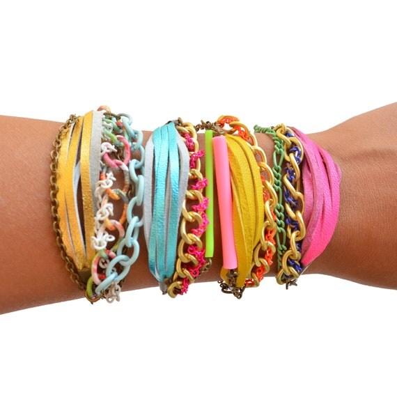 Neon Friendship Bracelet Woven Chain Turquoise Leather Fringe
