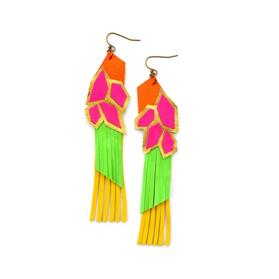 Neon Geometric Earrings, Leather Earrings, Hexagon Earrings, Tribal Hot Pink Yellow and Neon Green, Long Fringe Earrings