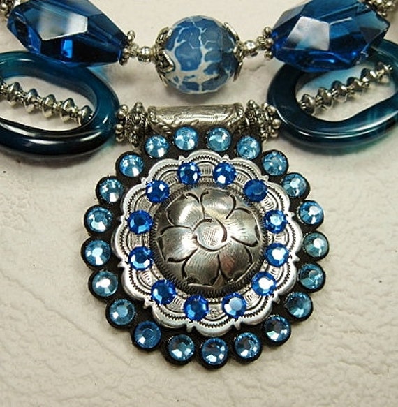 Blue Statement Chunky Western Cowgirl Necklace with Silver