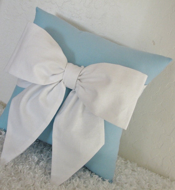 Blue and White Bow Accent Throw Pillow by by pillowsbycindee