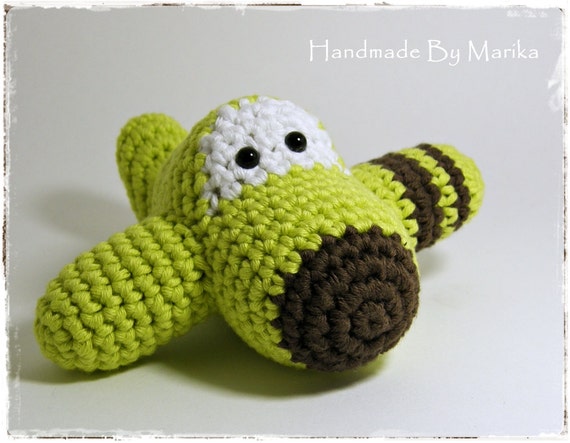 Amigurumi Airplane Crochet Toy Baby Rattle - organic cotton - pistachio and brown