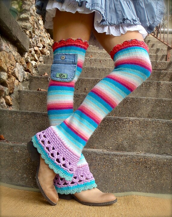 Thigh High LEG Warmers Urban Denim POCKETS leg warmers STRIPED