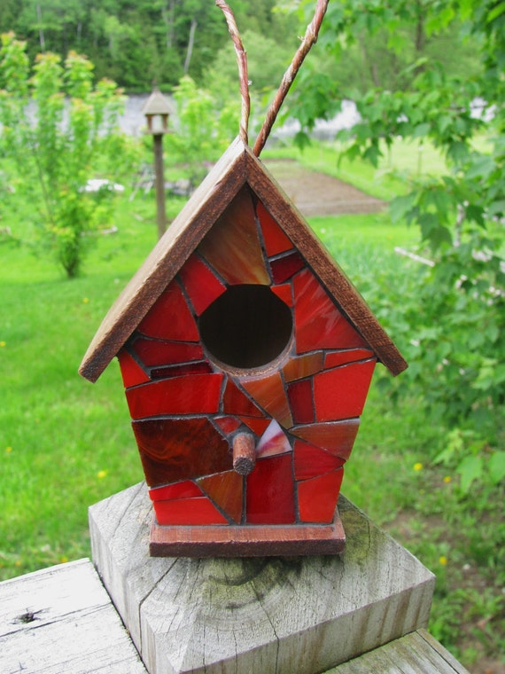 Stained Glass Mosaic Birdhouse Red