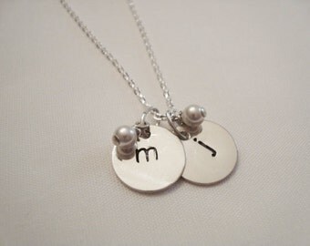 Two Initial Hand Stamped Sterling Silver Necklace with Pearl or Crystal, 1/2" discs