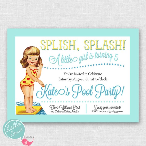Pool Party printable birthday invitation - vintage style Il_570xn