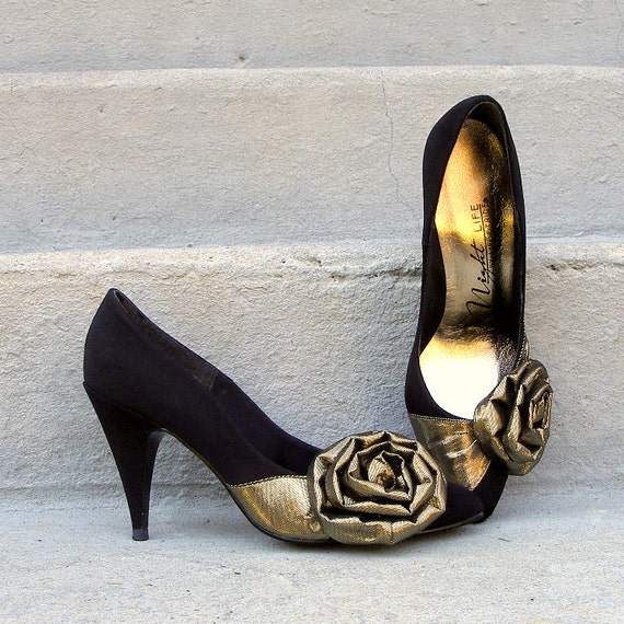 1980s High Heels  80s Black Gold Lame Bows Pumps Shoes  U. S. 6 to 6 ...