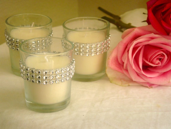 Set Of 25 Silver Rhinestone Wrapped Votive Candles Wedding Or 8098