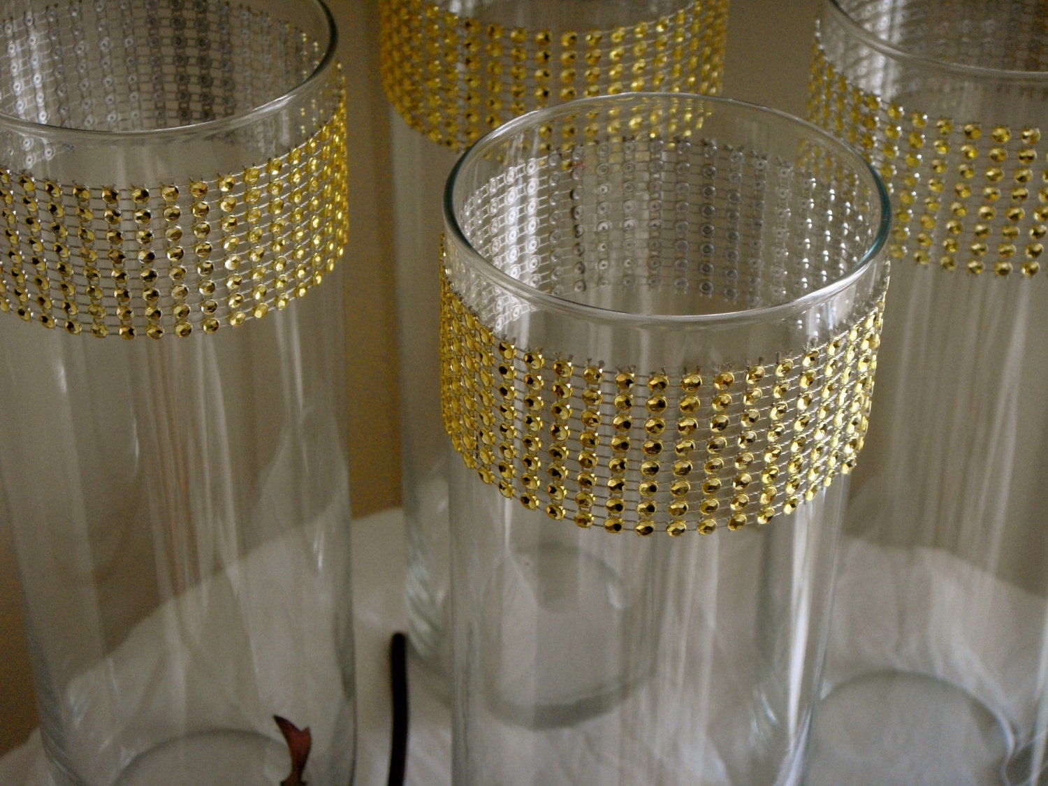 Set of 10 Gold Rhinestone Wrap Glass Cylinder Vases Wedding