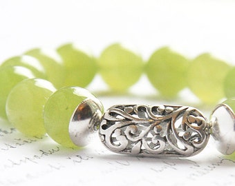 Summer Outdoors Bohemian Jewelry Green Agate Bracelet Long Sterling Silver Bead Stacking Bracelet Stone Bracelet St Patrick's Day Gift