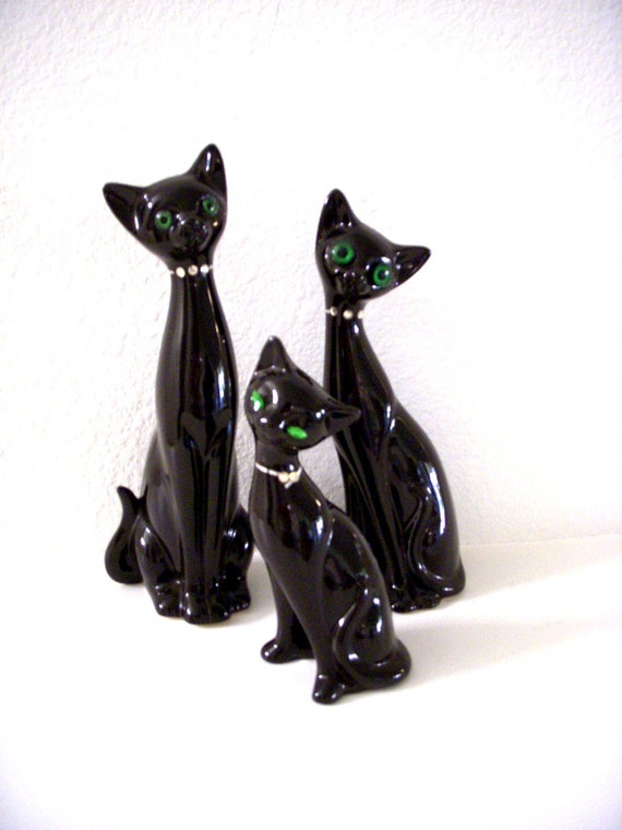 Vintage Mid Century Modern Black Cat Figurines Eames Era