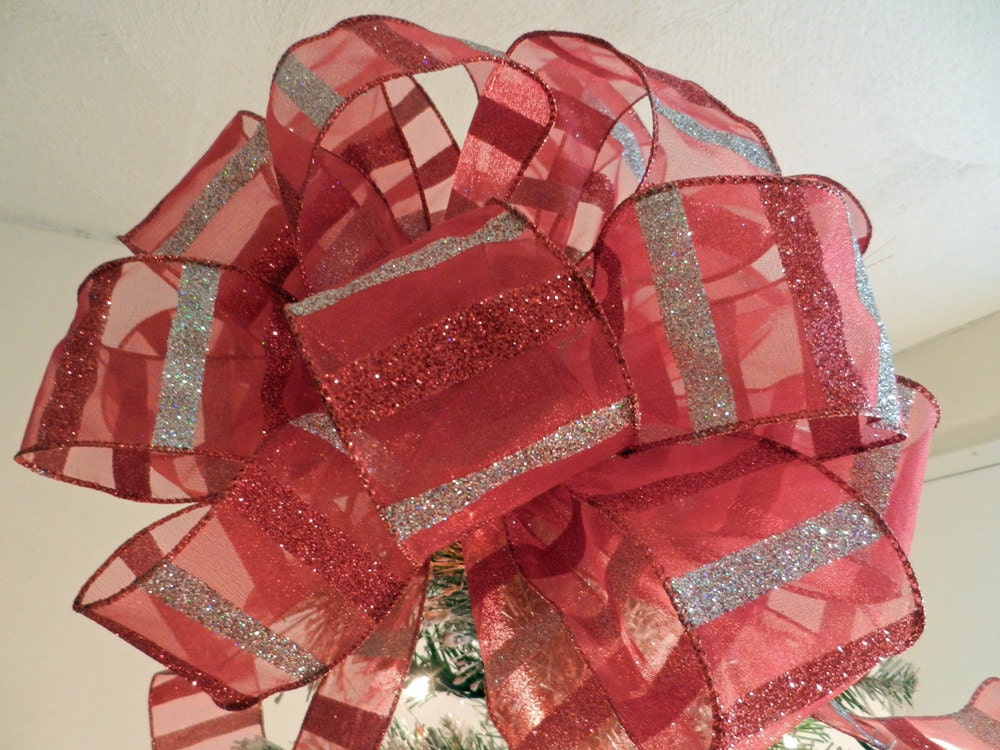 Large Christmas Tree topper bow Sheer red ribbon with glitter silver and red stripes