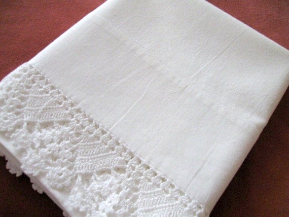 Vintage Pillowcase Crocheted Lace Trim White by LinenWallflowers