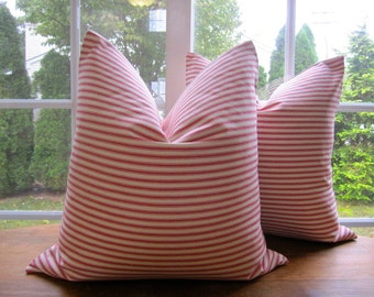 Pillow, Decorative Throw Pillow Cover, Red Woven Cotton Ticking Stripe Pillow Cover 18 x 18, 20 x 20, 22 x 22, 24 x 24