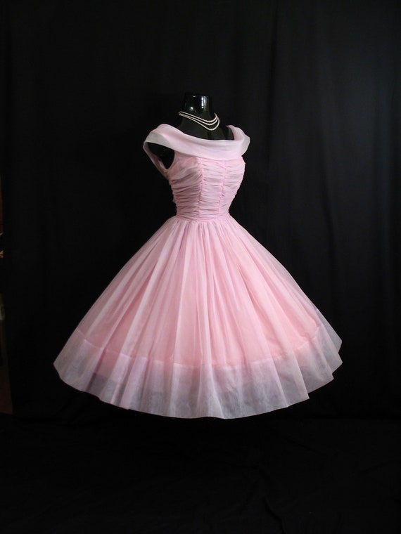 Vintage 1950's 50s Bombshell PINK Ruched Chiffon Organza