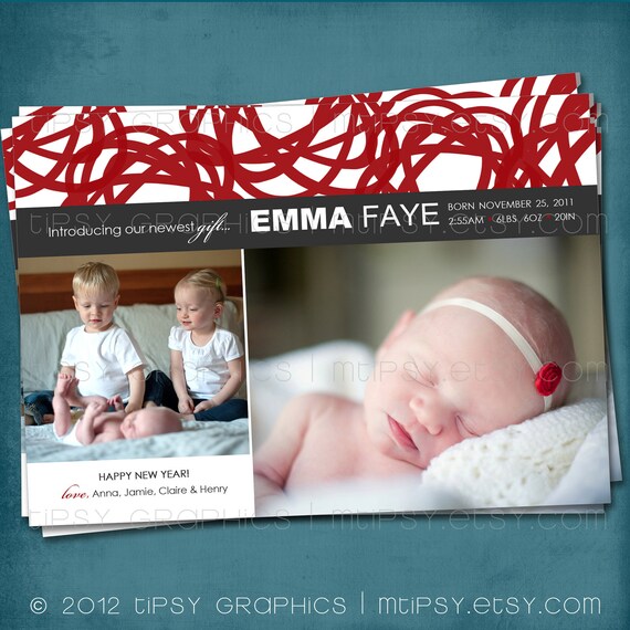 Our Newest Gift. Modern Scribble. Holiday Photo Card or Birth Announcement by Tipsy Graphics. Any colors and text, for 1 or more photos Il_570xn