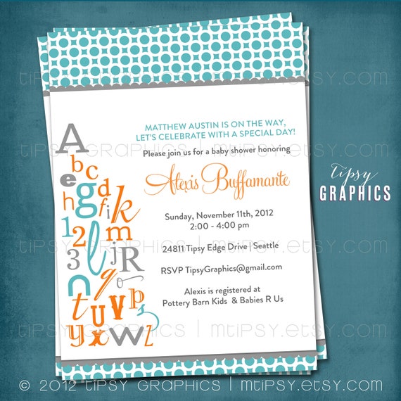 ABC Colorful Alphabet Baby / Bridal Shower Invitation. Bring a letter. Any colors and text by Tipsy Graphics Il_570xn