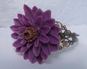 Dark Purple Dahlia or Mum Flower Bracelet on Copper Filigree Cuff