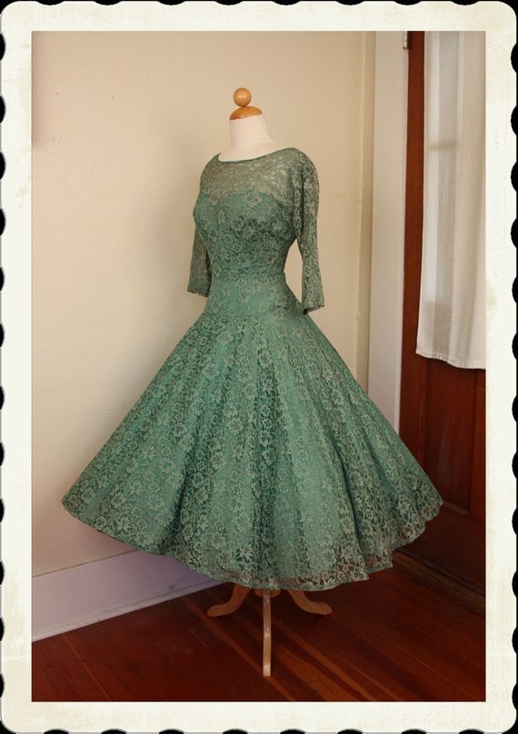 RESERVED 1950's New Look Vibrant Celery Green Lace Over