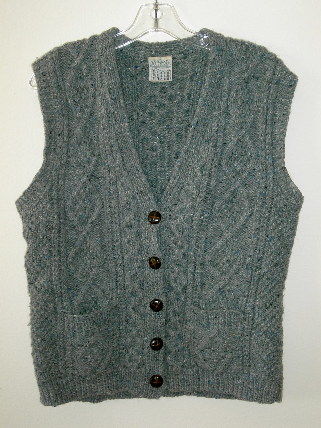 Irish Sweater Vest Hand Knitted 42 Medium Gray Vintage Button