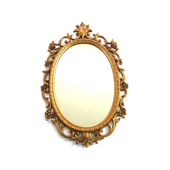 Vintage Gold Tone Resin Rococo Oval Mirror