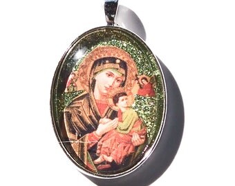 Our Lady of Perpetual Help glass pendant for Easter or Confirmation
