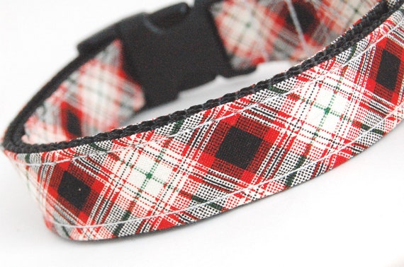 Custom Plaid Dog Collar - The Holiday Plaid - Red Black Plaid Dog Collar