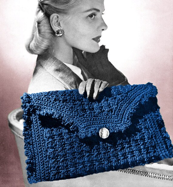 Vintage 1940s Crochet Pattern Ruffled Envelope Clutch Purse Handbag Digital Download PDF