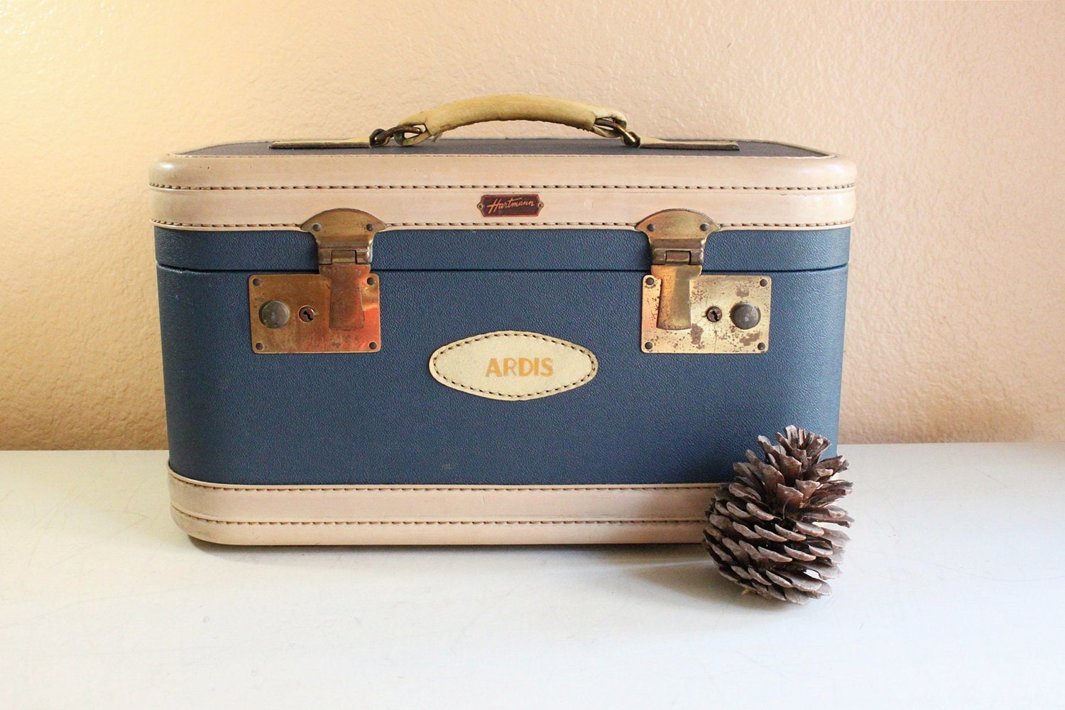 Vintage Hartmann Blue & Cream Color Train Case Cosmetic Box