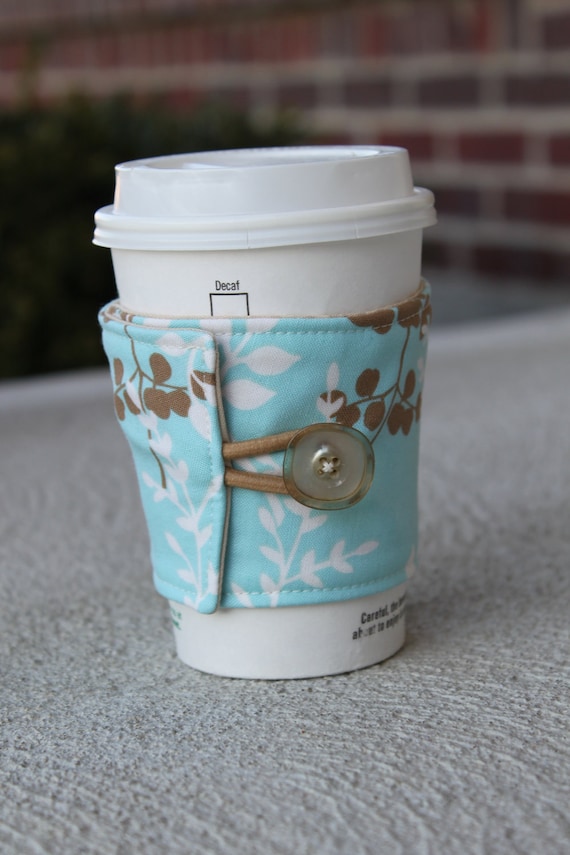 Adjustable Coffee Cup Sleeve - Baby Blue and Tan Flower Coffee Cozy