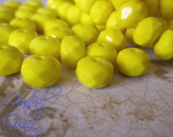 Canary - Czech Glass Bead Spacer Rondelle - 8mm x 6mm - 10pcs - Opaque Bright Yellow - Puffy Fire Polished Donut - Central Coast Charms
