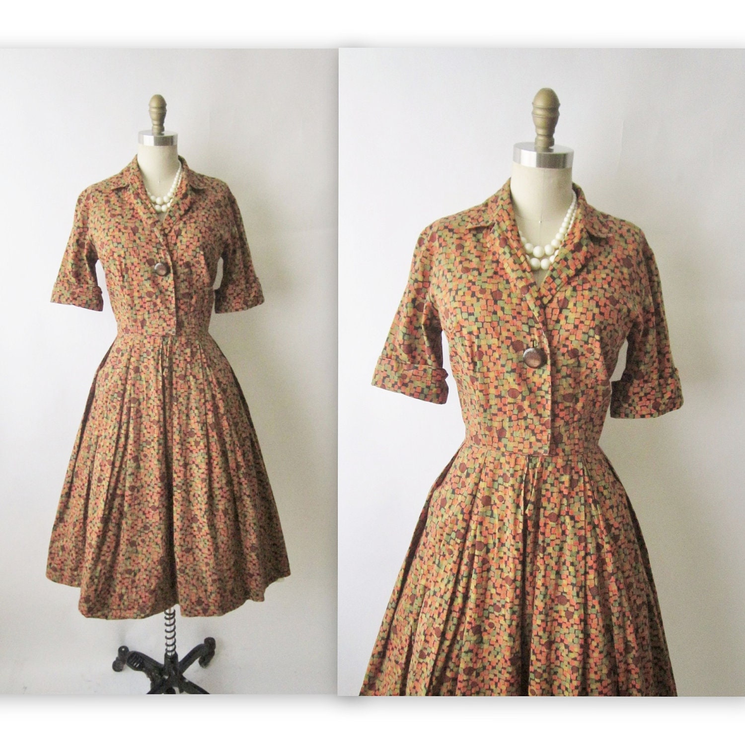 50's Shirtwaist Dress // Vintage 1950's Brown Print