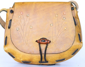 Boho 60's hand made tooled hippie leather shoulder bag purse, simple and elegant