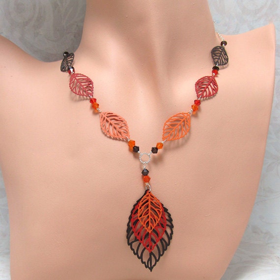 Orange Red Brown Leaf Necklace Leaf Earrings Set Silver