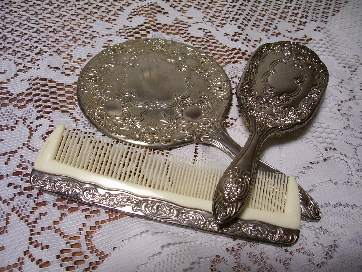 Vintage Silver Hand Mirror Brush and Comb Vanity Set