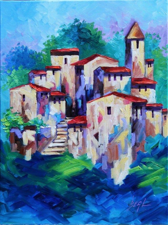 Old Town Abstract Original Landscape Oil Painting by rbealart