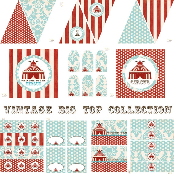 Vintage Circus FULL Decoration Set - INSTANT DOWNLOAD Printable Party Shower Cupcake Toppers Bottle Wraps Pennant Banner Favor Tags Il_570xn