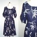 Vintage 70s dress BIRD of PARADISE print navy and white - S/M
