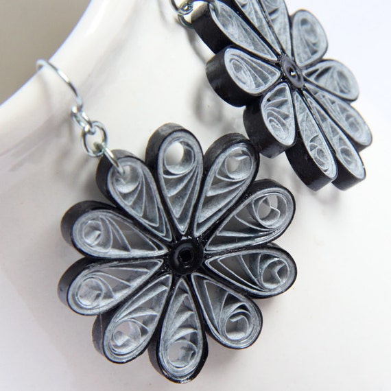 CIJ 30% off Large Grey Flower Earrings Niobium Paper Quilled Eco Friendly Jewelry, Artisan Jewelry hypoallergenic