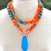 Vintage Cobalt Blue Pendant Enamel Flower Tangerine Glass Beads Orange Blue Black Marbled Beads One of a kind Statement Bridal Necklace
