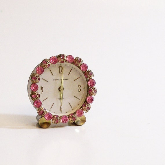 Vintage Alarm Clock Pink Rhinestones Phinney Walker