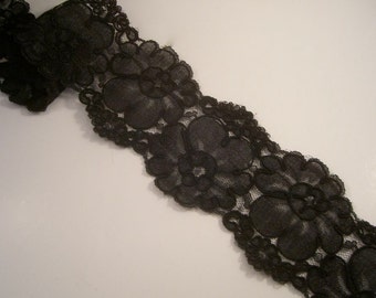 SPECIAL--Black Floral Design ReEmbroidered Lace Trim--One Yard