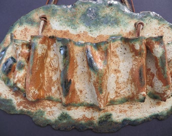 Rustic Ceramic Wall Pocket Organic Terracotta Vessel Clay Pottery Green Wall Art Earth Tone Decoration