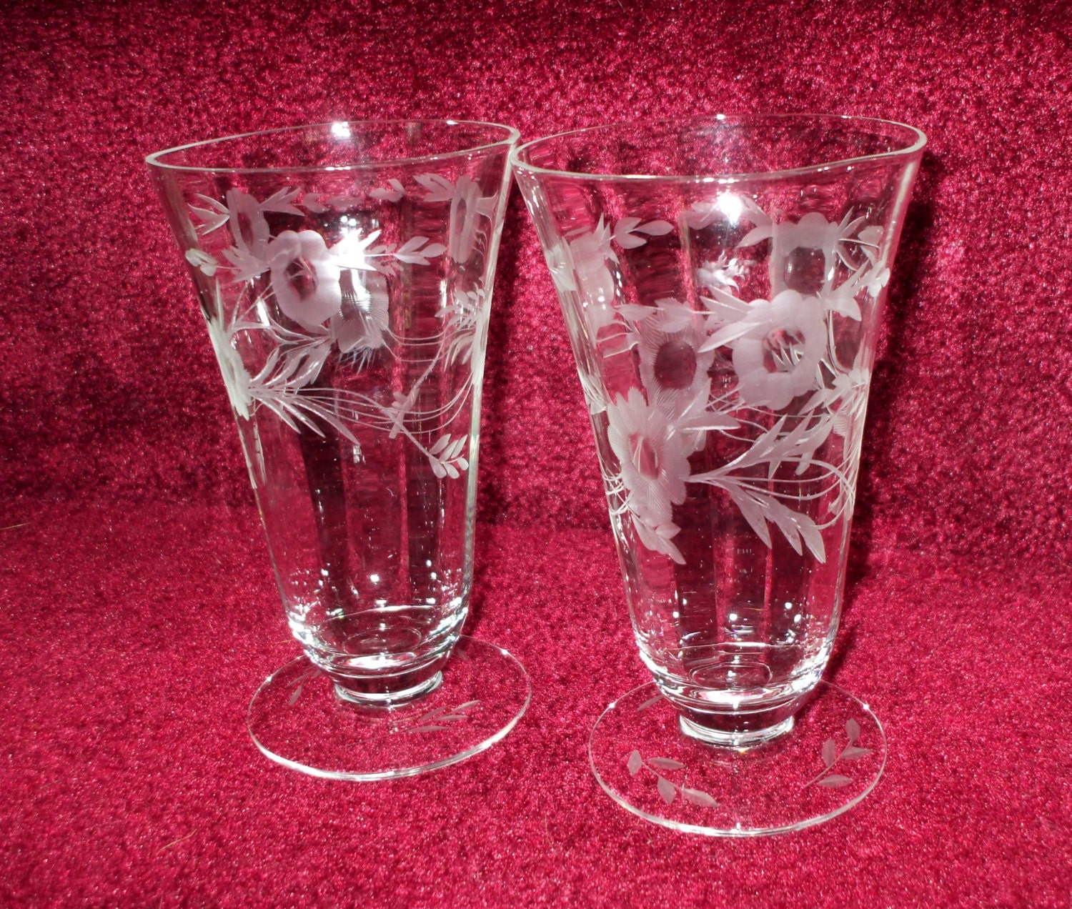Crystal Footed Tumblers Glasses Etched Floral Vintage Antique