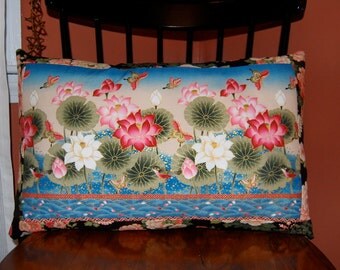 Water Lily Pillow, Butterfly and Bird Pillow, Asian Inspired