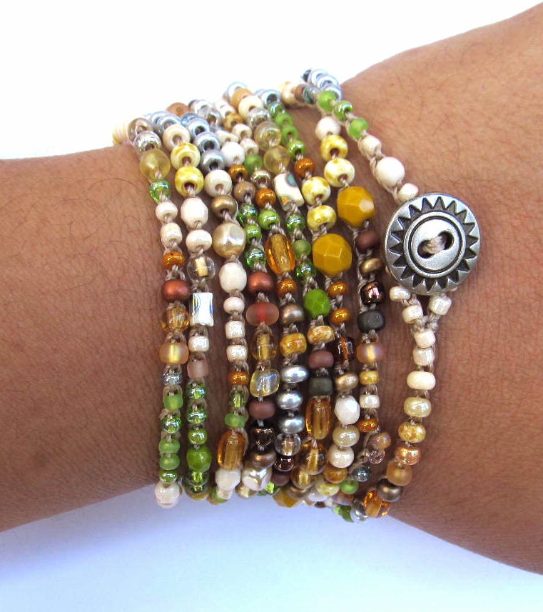 Crochet wrap bracelet / necklace beaded sun and