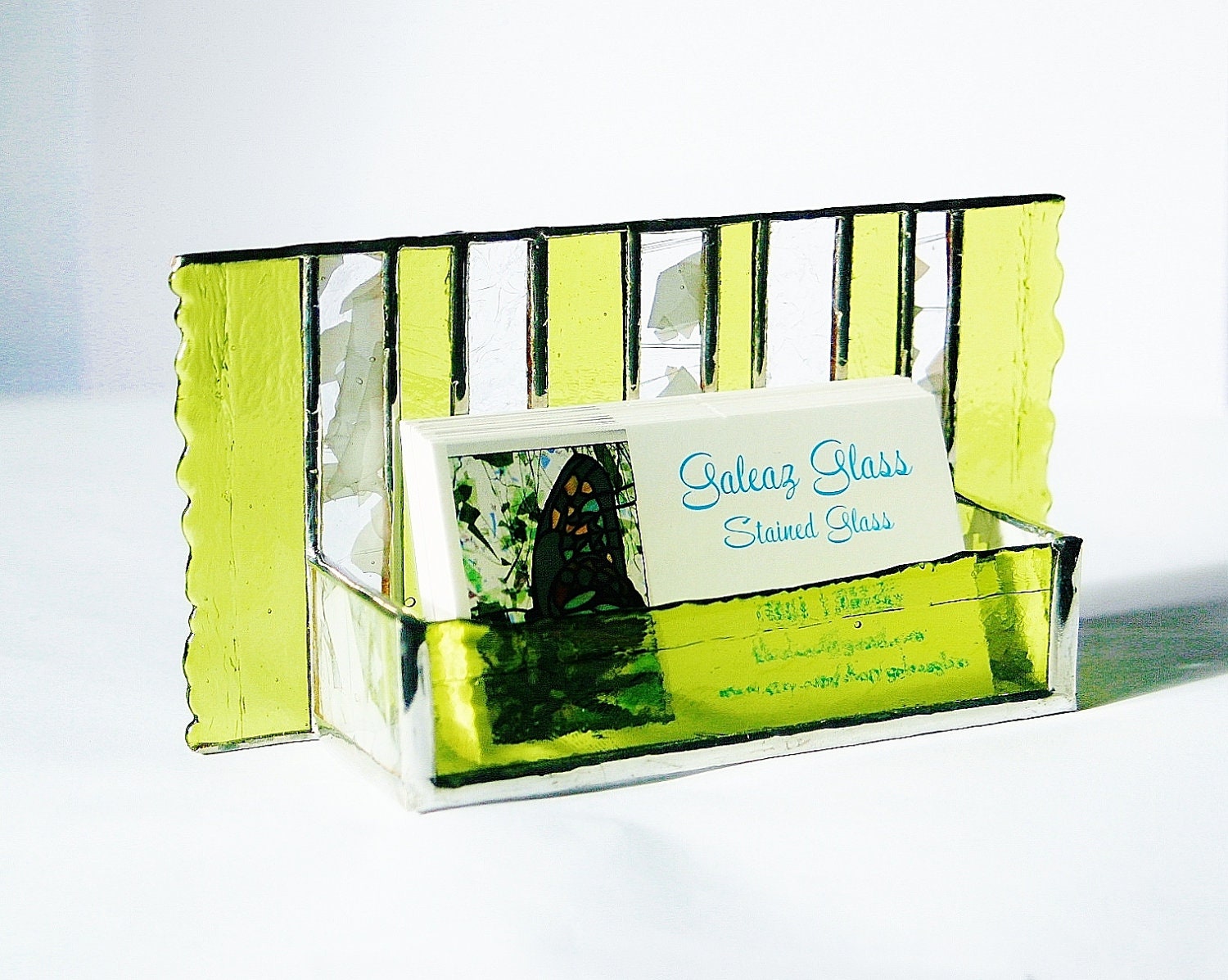 Stained Glass Modern Business Card Holder Lime Green White
