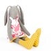 Doll , Gray - green rabbit Wearing mint dress with pink flowers and yellow stockings with Circles Print , handmade fabric doll
