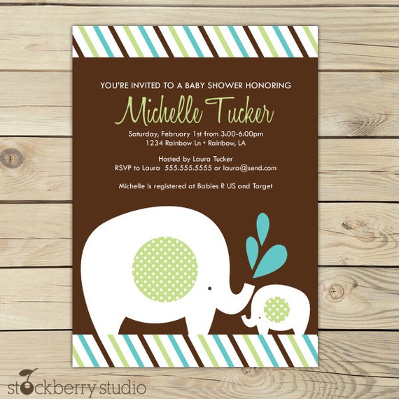 Elephant Baby Shower Printable Invitation Aqua and Brown Il_570xn