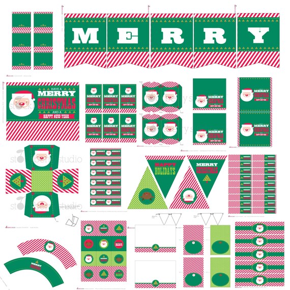 Christmas Party Decorations Printable - Santa Party Decor Green & Red - Christmas Holiday Tags Labels Il_570xn
